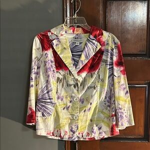 Coldwater Creek Floral Button-Front Top - Lavender, Cream, Red Accents